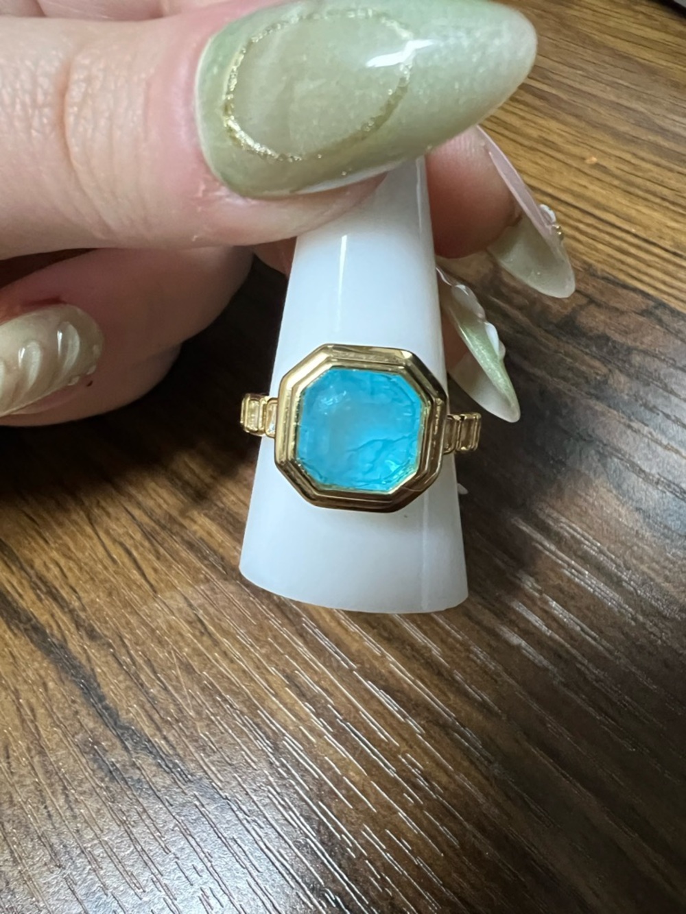 Gold Ring with Blue Octagonal Stone - Women Jewelry